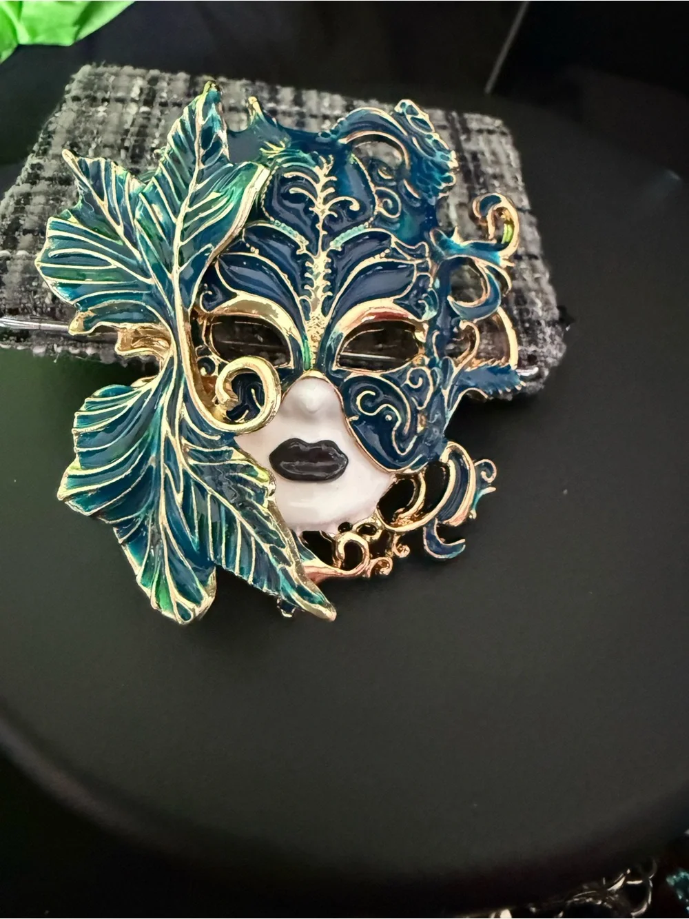 Teal and Gold Venetian Masquerade Face Brooch - Women's Accessory